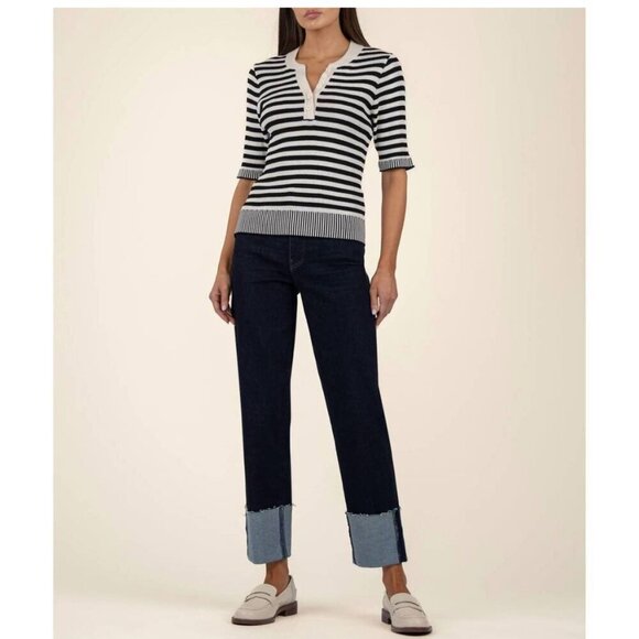 Kut from the Kloth SZM Alora Henley stripe sweater 90's Black & Ivory Preppy Y2K - Picture 2 of 10